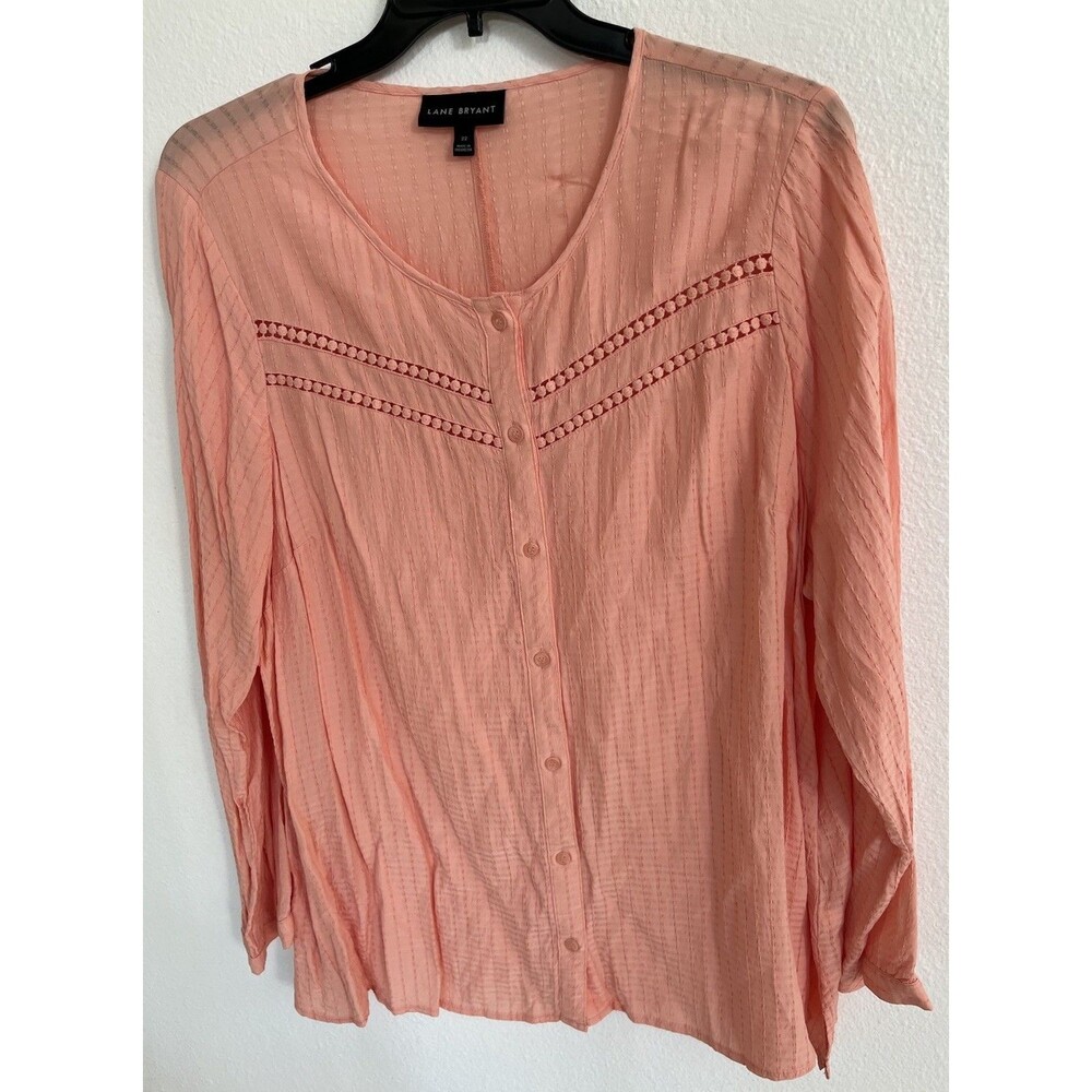 Lane Bryant Blouse Womens Sz 22 Peach Button Up Long Sleeve Textured Top Casual